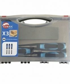 Leman - Coffret 3 Ciseaux à Bois / Manche Bi-Matiere L.12/26/40mm + Pierre