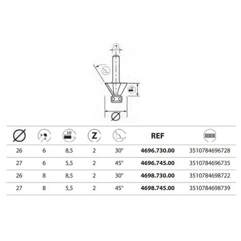 LEMAN Fraise à Plaquettes Carbure Brasées 2 Coupes Chanfrein Avec Guide à Billes, Queue 8 Mm, Diamètre 27 Mm, Chanfrein 45° 4 LEMAN Fraise à Plaquettes Carbure Brasées 2 Coupes Chanfrein Avec Guide à Billes, Queue 8 Mm, Diamètre 27 Mm, Chanfrein 45° – Image 2